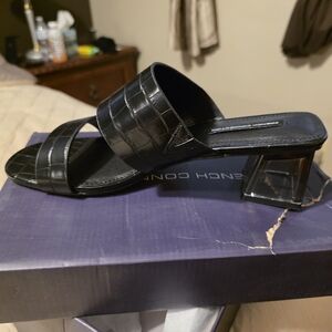 French Connection Black Croc-Embossed Slide Sandal with Clear Block Heel